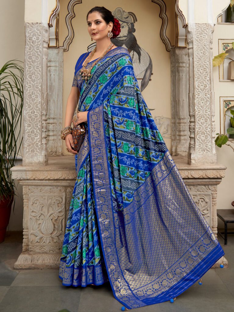 Blue Printed Silk Patola Saree - Sarees