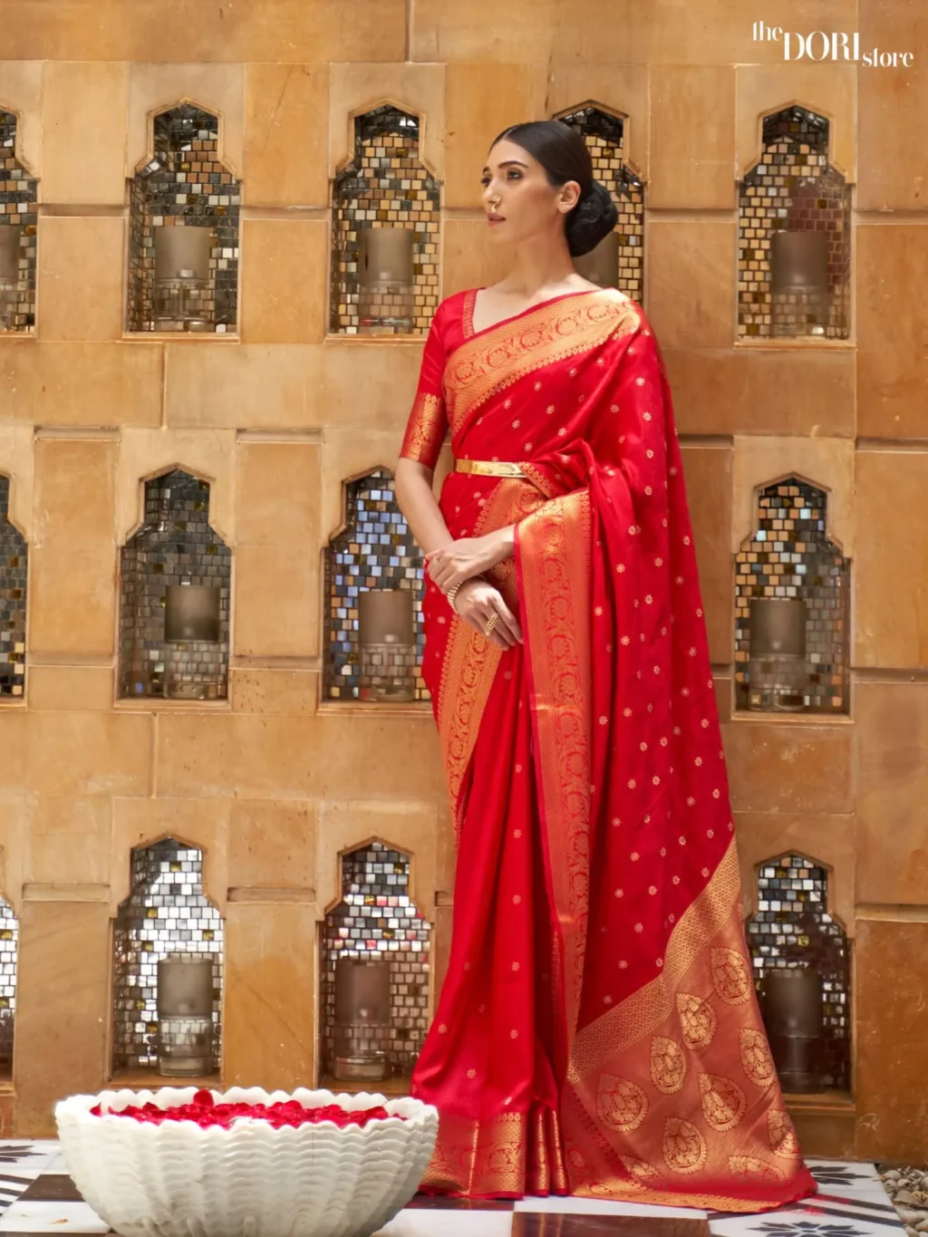 Red Auora with Golden Grace Kanjeevaram Silk Saree - party wear saree