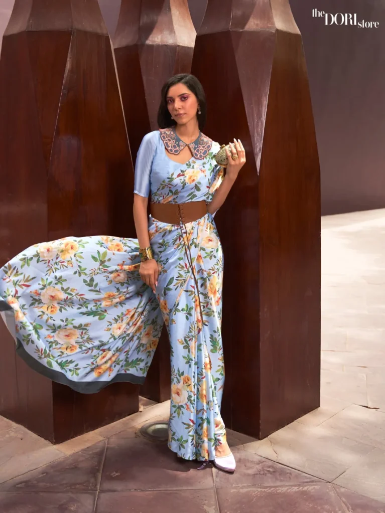 Light Blue Digital Print Satin Crepe Silk Saree - party wear saree