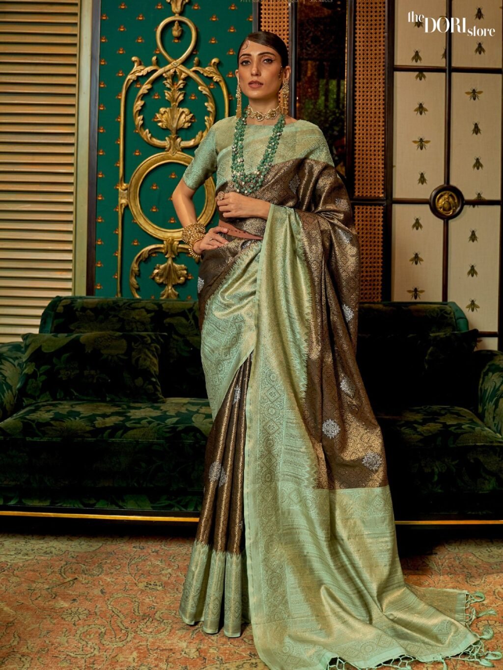 Light Bluish Brown Ethnic Wear Kanjeevaram Silk Saree - party wear saree