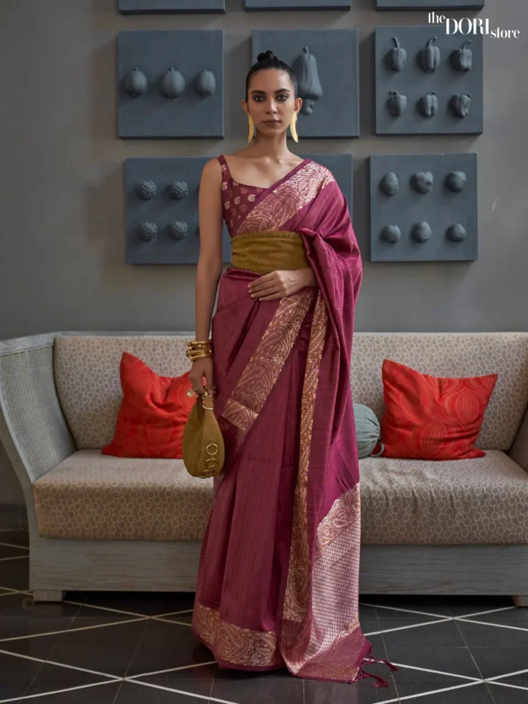 Ethnic Pink Copper Zari Handloom Woven Silk Saree - party wear saree
