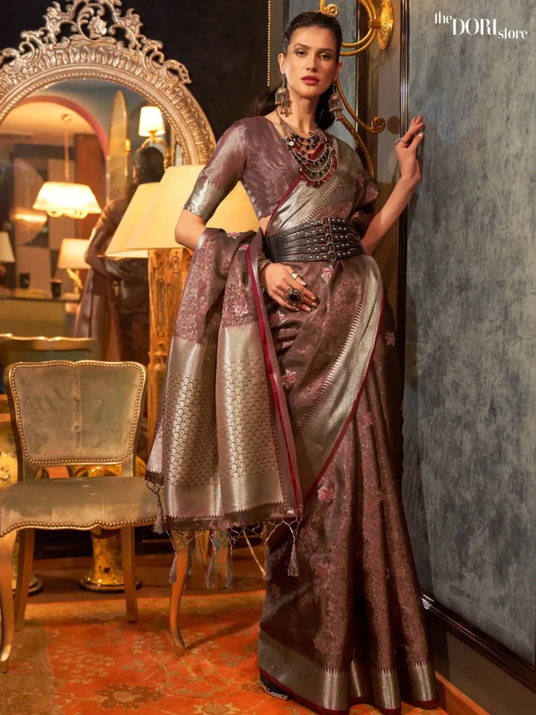 Designer Choclate Brown Dual Tone Organza Silk Saree - party wear saree