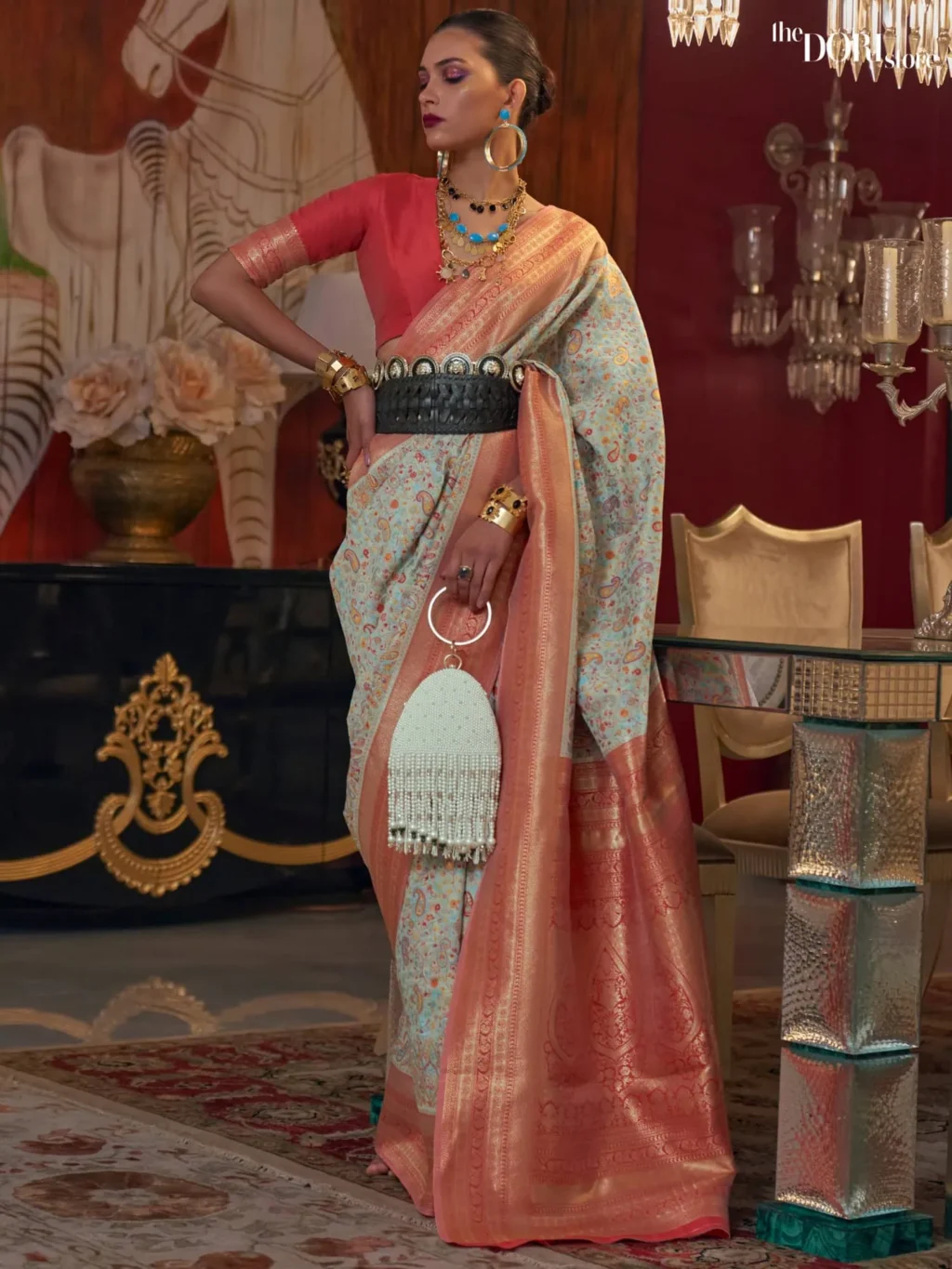 Ethnic Light Blue Kashmiri Jamewar Silk Saree - party wear saree