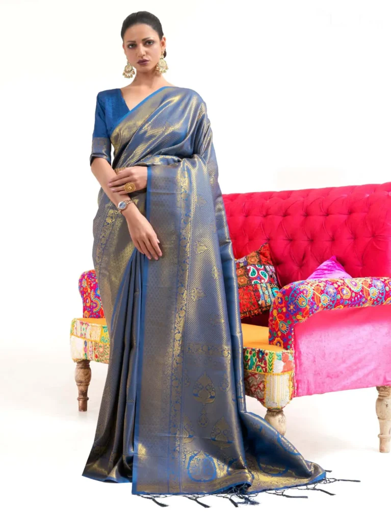 Royal Deep Blue Kanjeevaram Woven Silk Saree - party wear saree