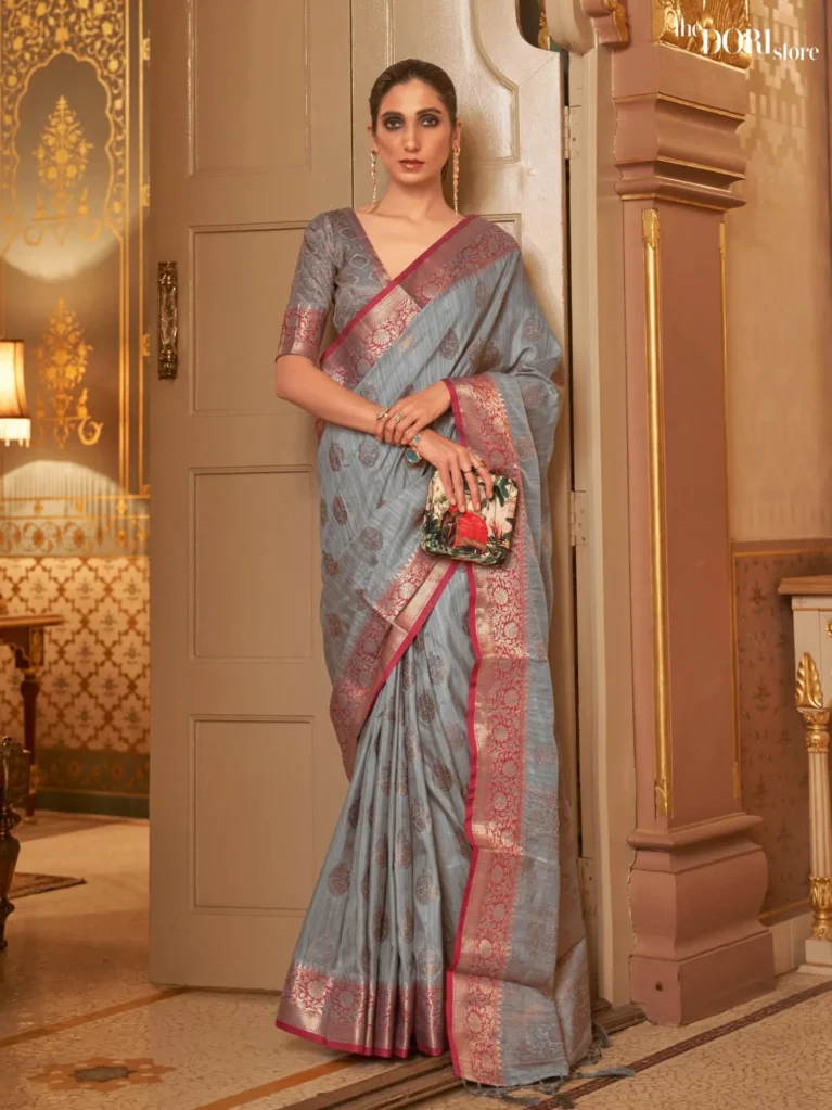 Pewter Grey Floral Banarasi Handloom Woven Silk Saree - party wear saree