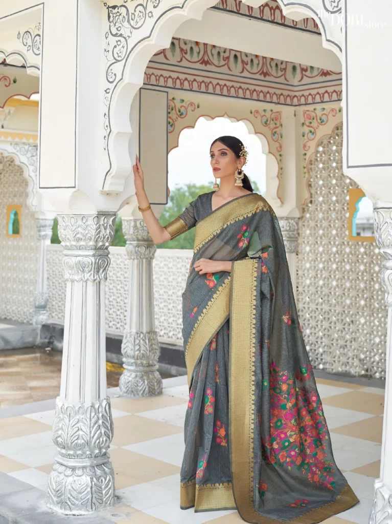 Grey Linen Weaving Festive Wear Linen Saree - party wear saree
