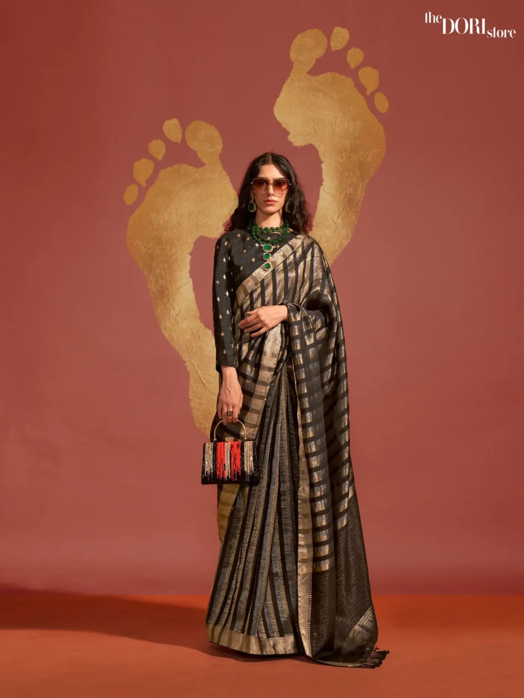 Jet Black and Gold Viscose Banarasi Silk Saree - Image 3