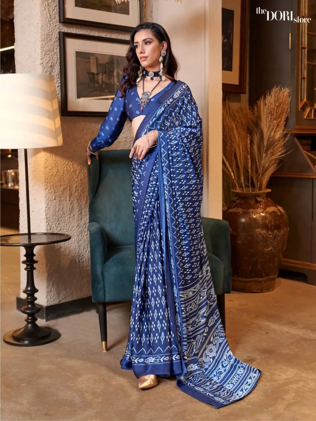 Ethnic Blue Patola Printed Crepe Silk Saree - party wear saree