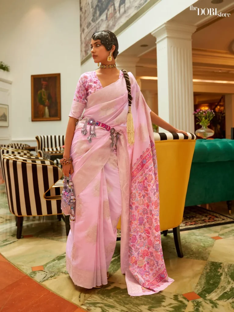 Light Pink Handloom Woven Silk Saree with Kashmiri Pallu - party wear saree