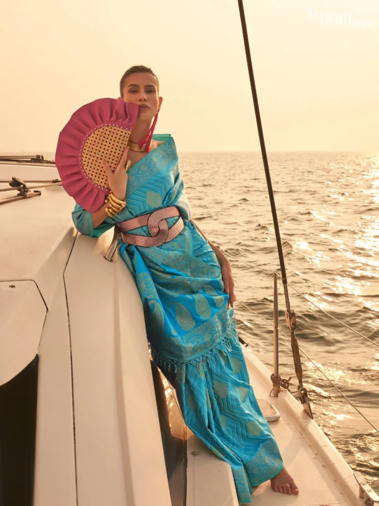 Designer Dual Tone Light Blue Satin Silk Saree - party wear saree