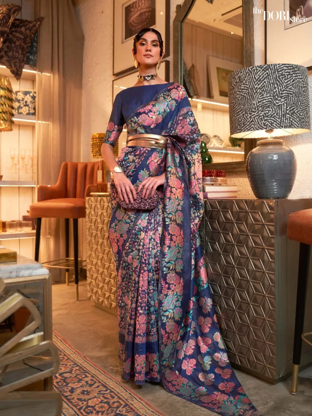 Navy Blue Kashmiri Floral Woven Silk Saree - party wear saree