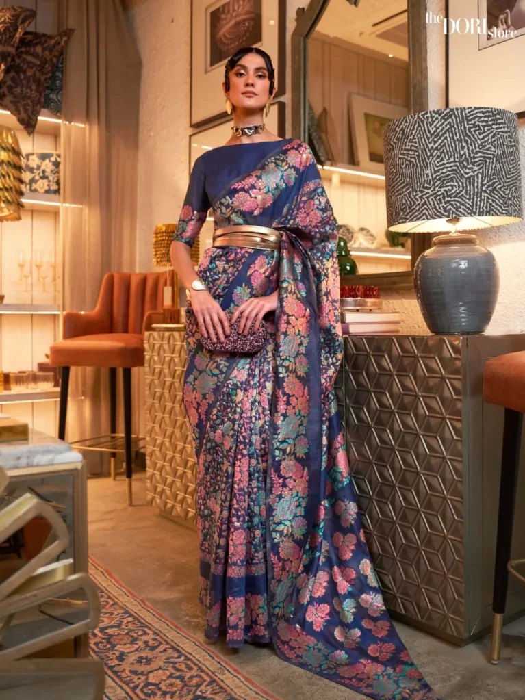 Navy Blue Kashmiri Floral Woven Silk Saree - party wear saree