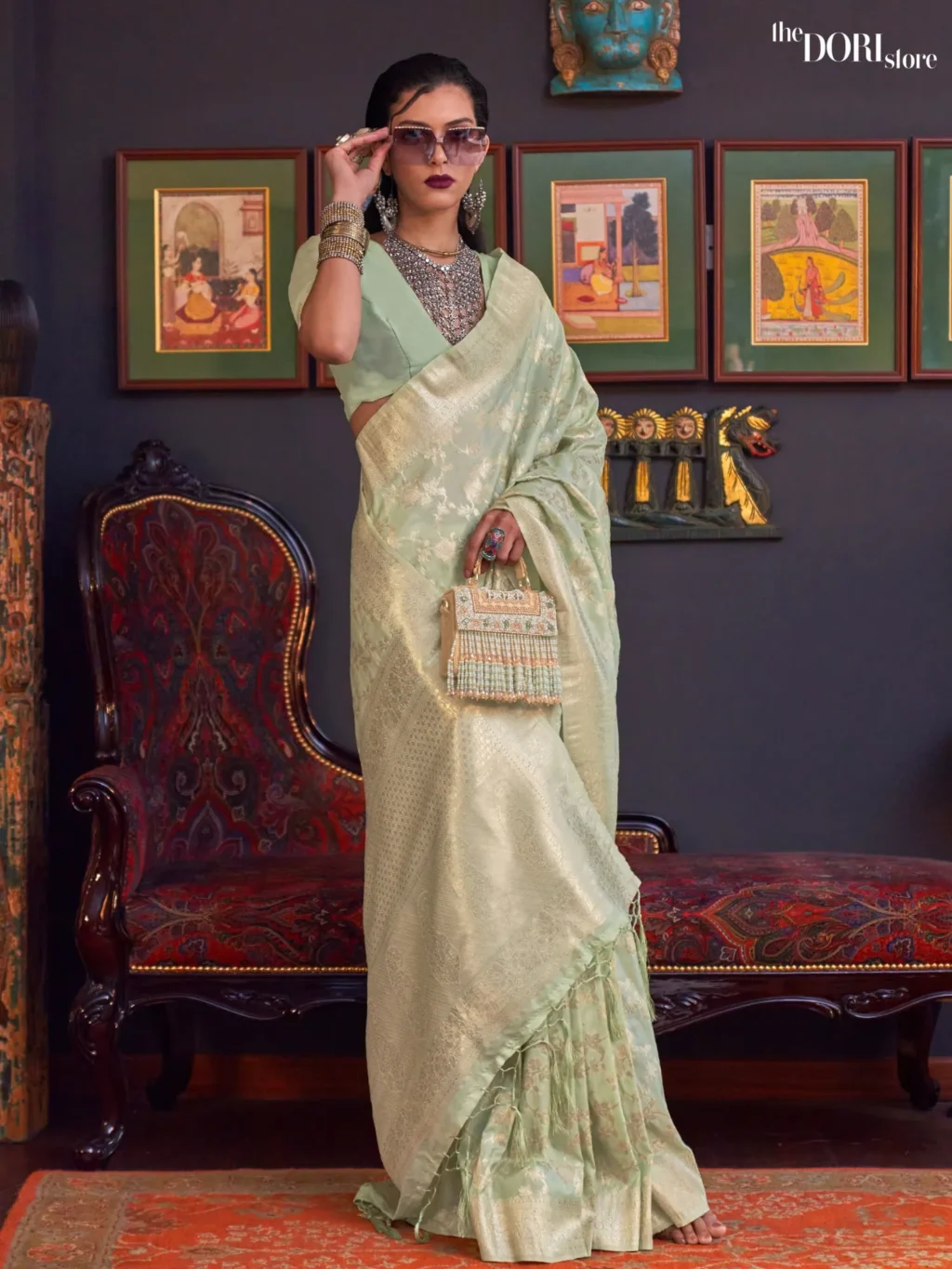 Laurel Green Festive Wear Banarasi Katan Silk Woven Saree - party wear saree