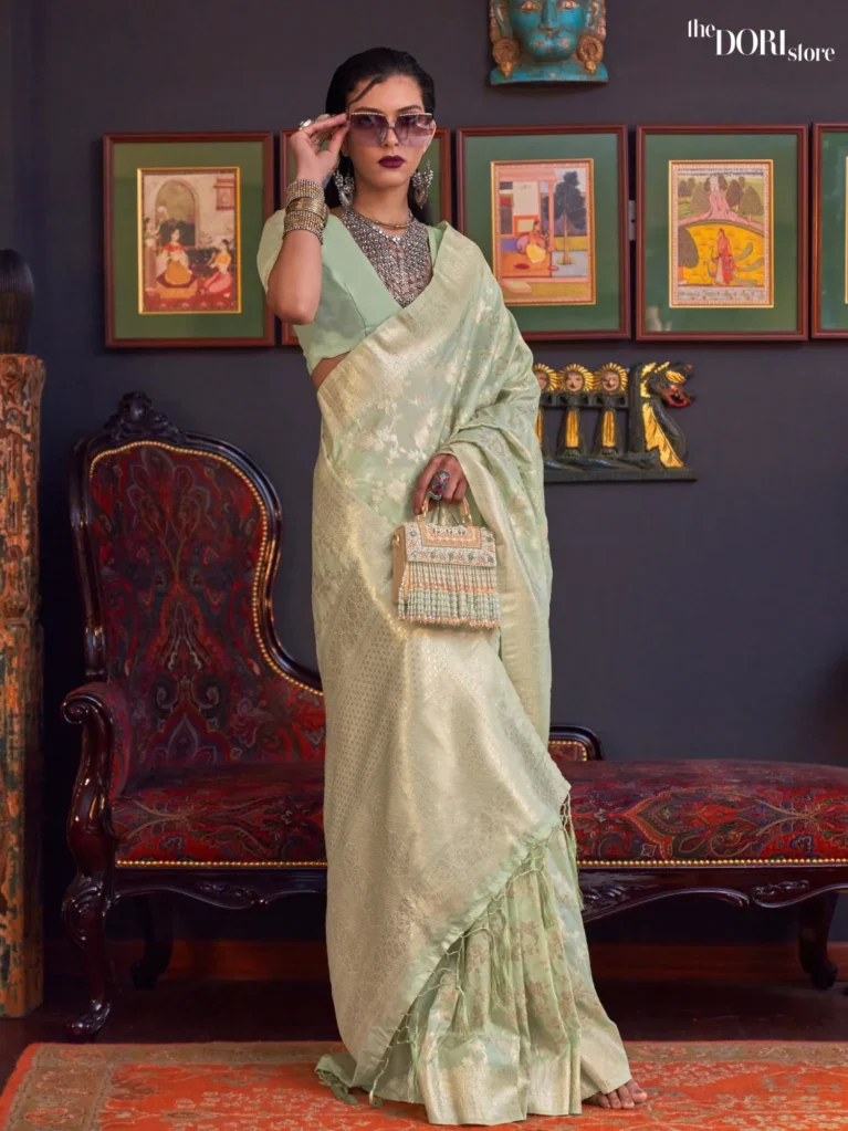Laurel Green Festive Wear Banarasi Katan Silk Woven Saree - party wear saree