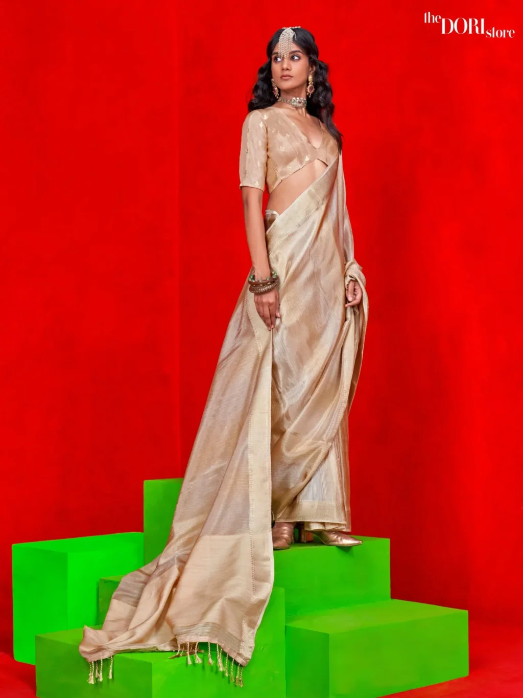 Ethnic Beige Cream Woven Banarasi Viscose Zari Silk Saree - party wear saree