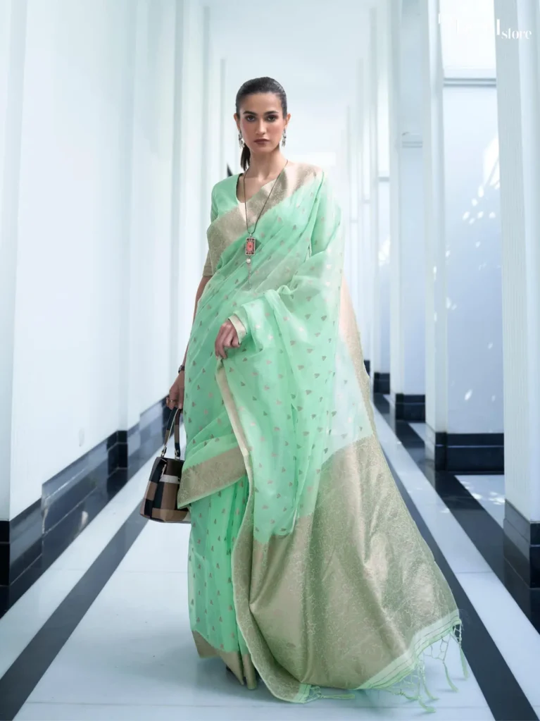 Light Green Mukaish Weaving Handloom Silk Saree - party wear saree