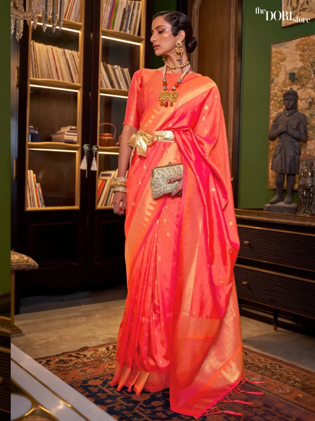 Orange Peach Kanjeevaram Silk Saree - party wear saree