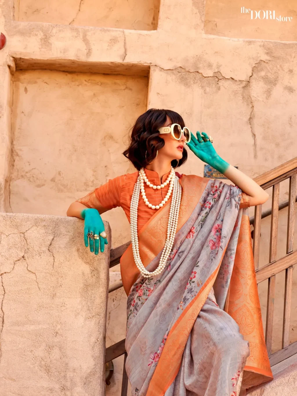 Orange and Grey Handloom Printed Georgette Silk Saree - Image 3
