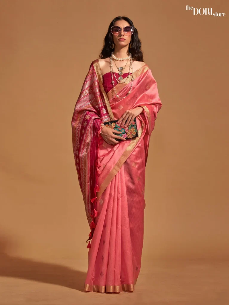 Etnic Peach Pink Handloom Woven Silk Saree - party wear saree