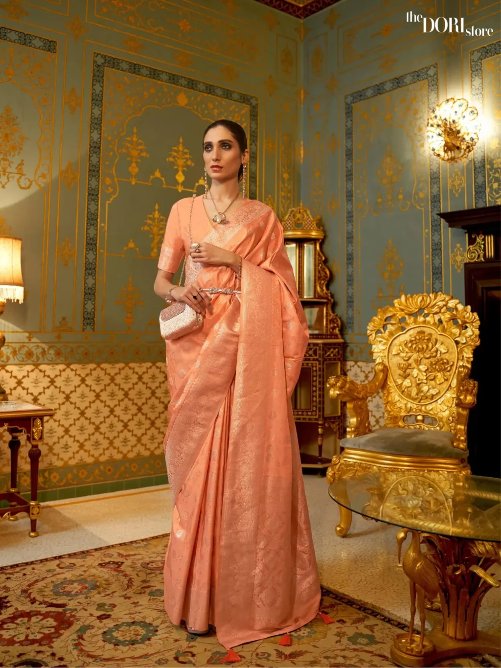 Partywear Orange Handloom Banarasi Silk Woven Saree - party wear saree