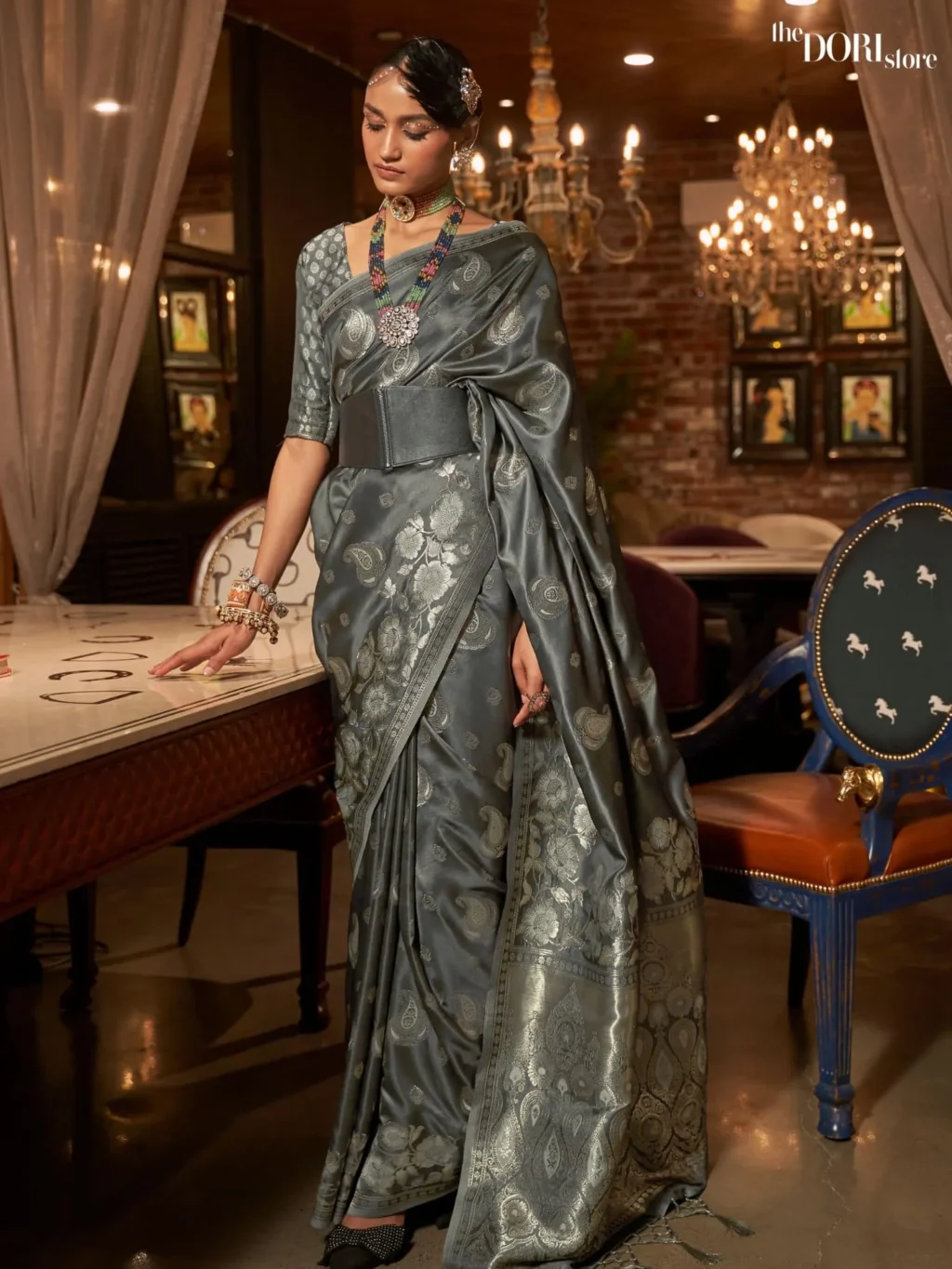 Designer Ethnic  Grey Banarasi Satin Silk Saree - party wear saree