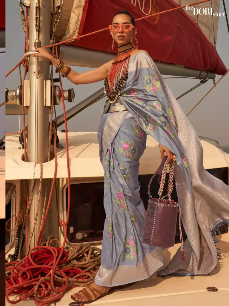 Ethnic Floral Grey Printed Chinon Silk Saree - party wear saree