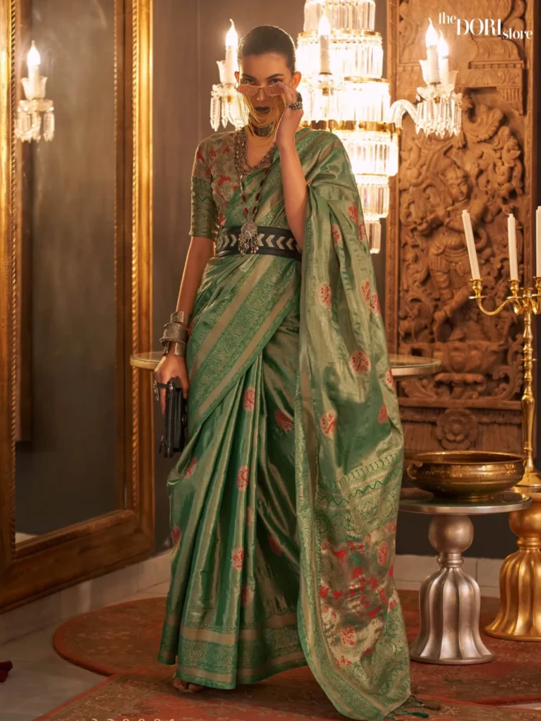Fern Green Zari Base Handloom Woven Silk Saree - party wear saree