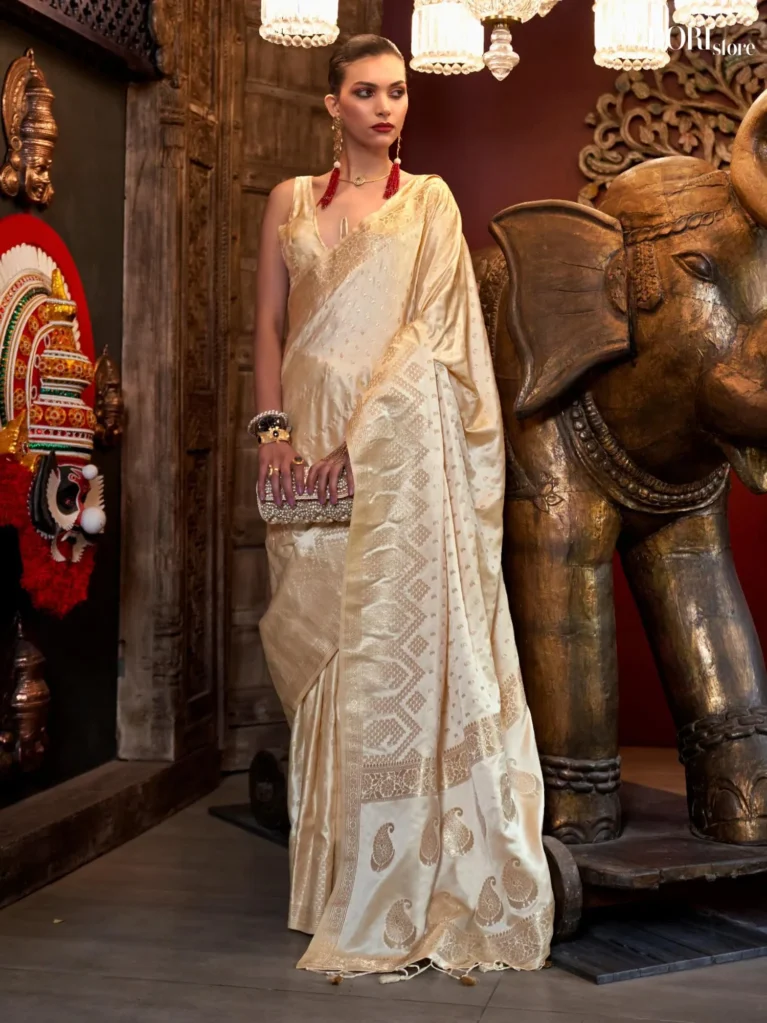 Golden Off White Designer Pure Satin Silk Saree   - party wear saree