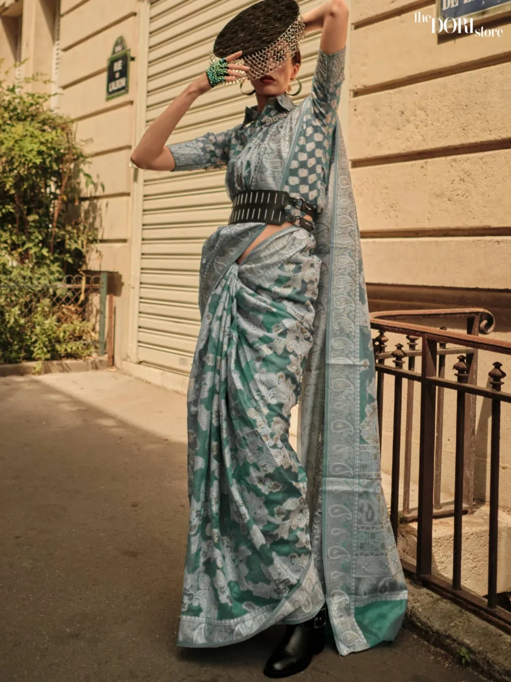 Greenish Grey Organza Chickankari Lucknowi Woven Silk Saree - party wear saree
