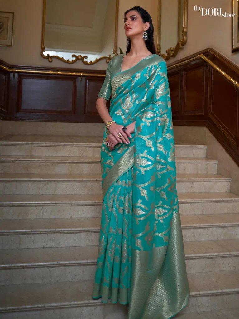 Royal Teal Blue Designer Dual Tone Organza Silk Saree - party wear saree
