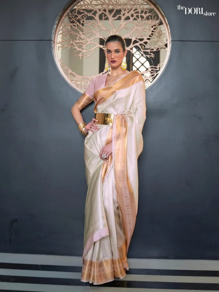 Pink and White Kanjeevaram Handloom Woven Silk Saree - party wear saree