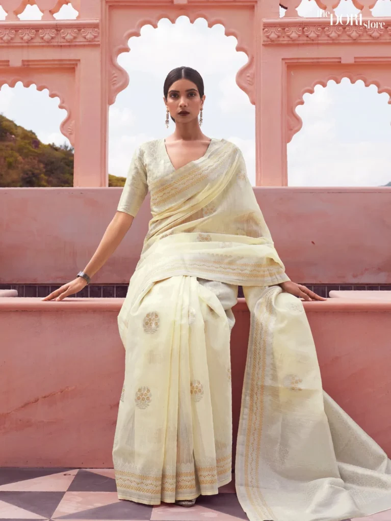 Ethnic Cream Linen saree Weaving Saree - party wear saree
