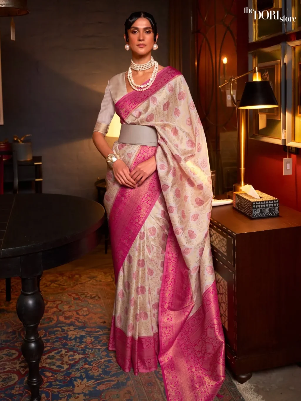 Pinkish Floral Cream Banarasi Silk Saree - party wear saree