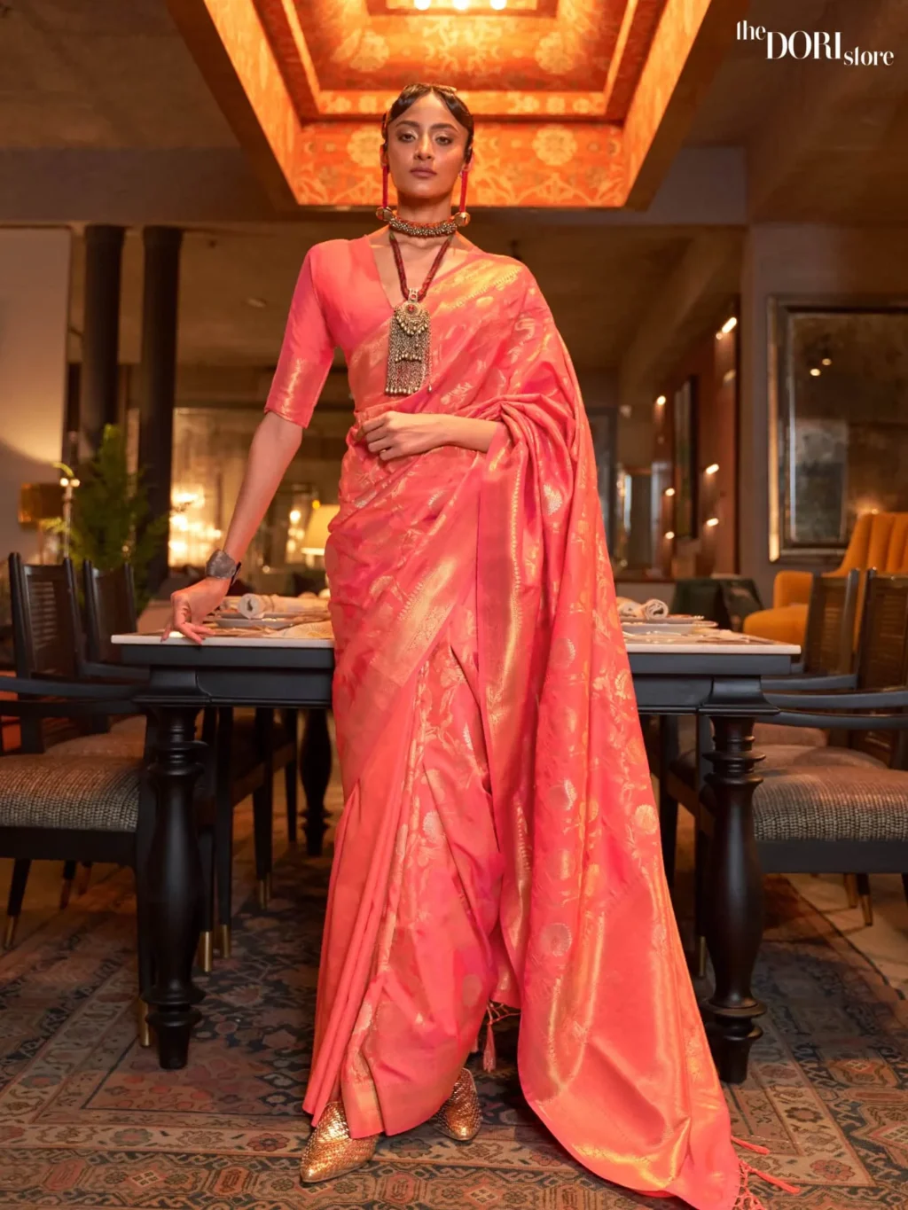 Royal Peach Pink Banarasi Handloom Woven Silk Saree - party wear saree