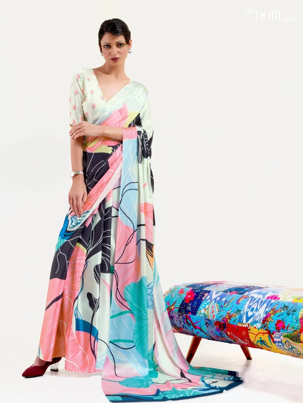White and Multicolor Digital Printed Soft Crepe Silk Saree - party wear saree