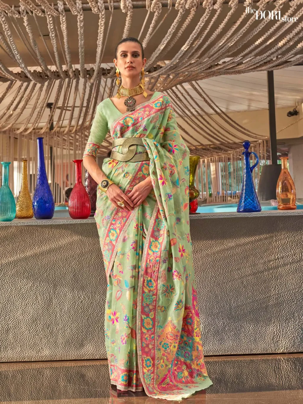 Light Green Kashmiri Floral Modal Handloom Silk Woven Saree - party wear saree