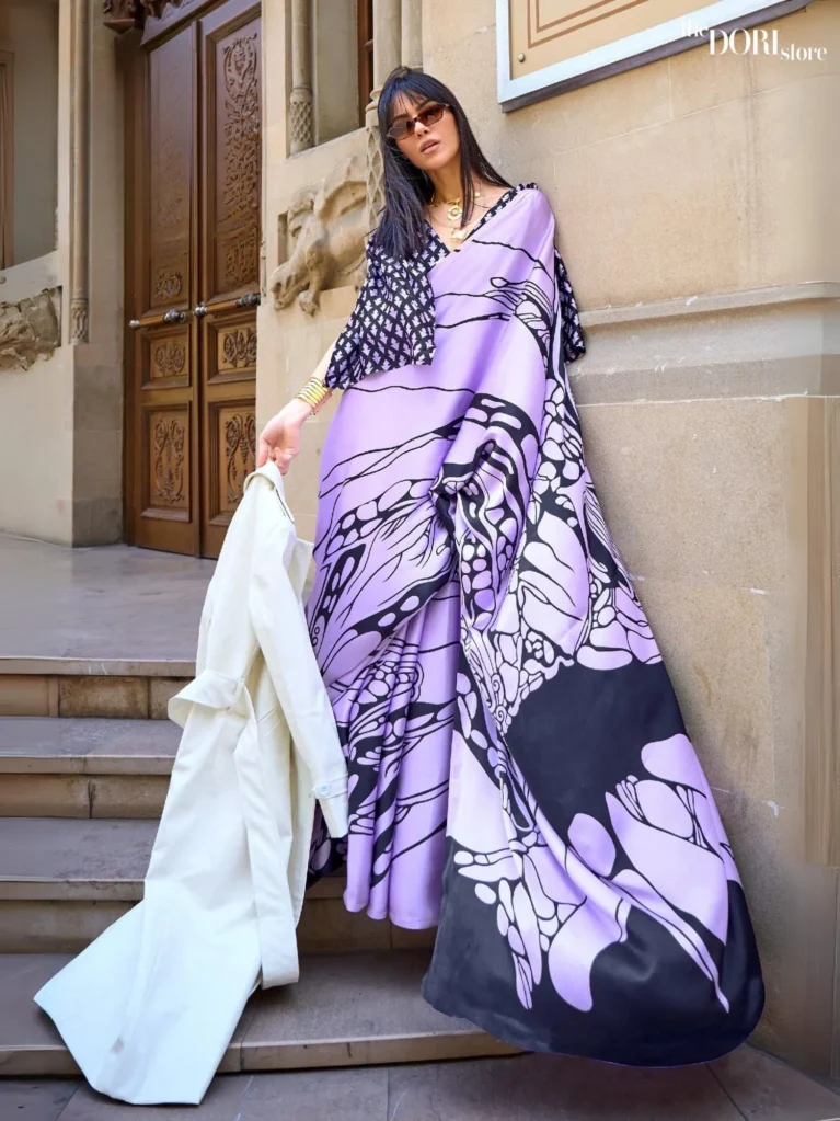 Ethnic Lavender Satin Crepe Digital Printed Saree - party wear saree
