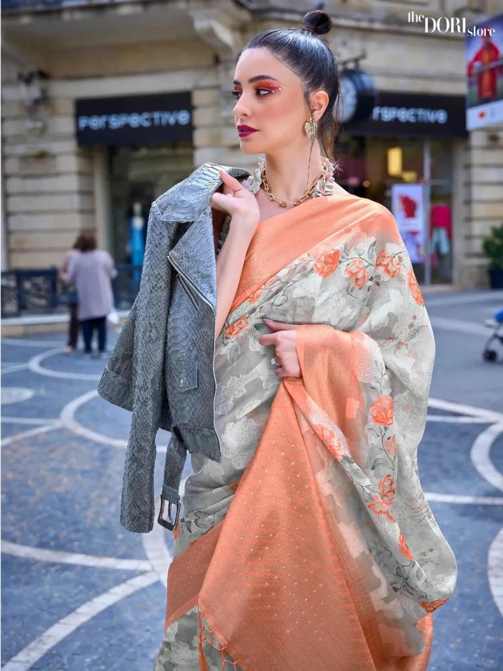 Light Grey with Orange Border Brasso Poly Printed Saree - Image 3