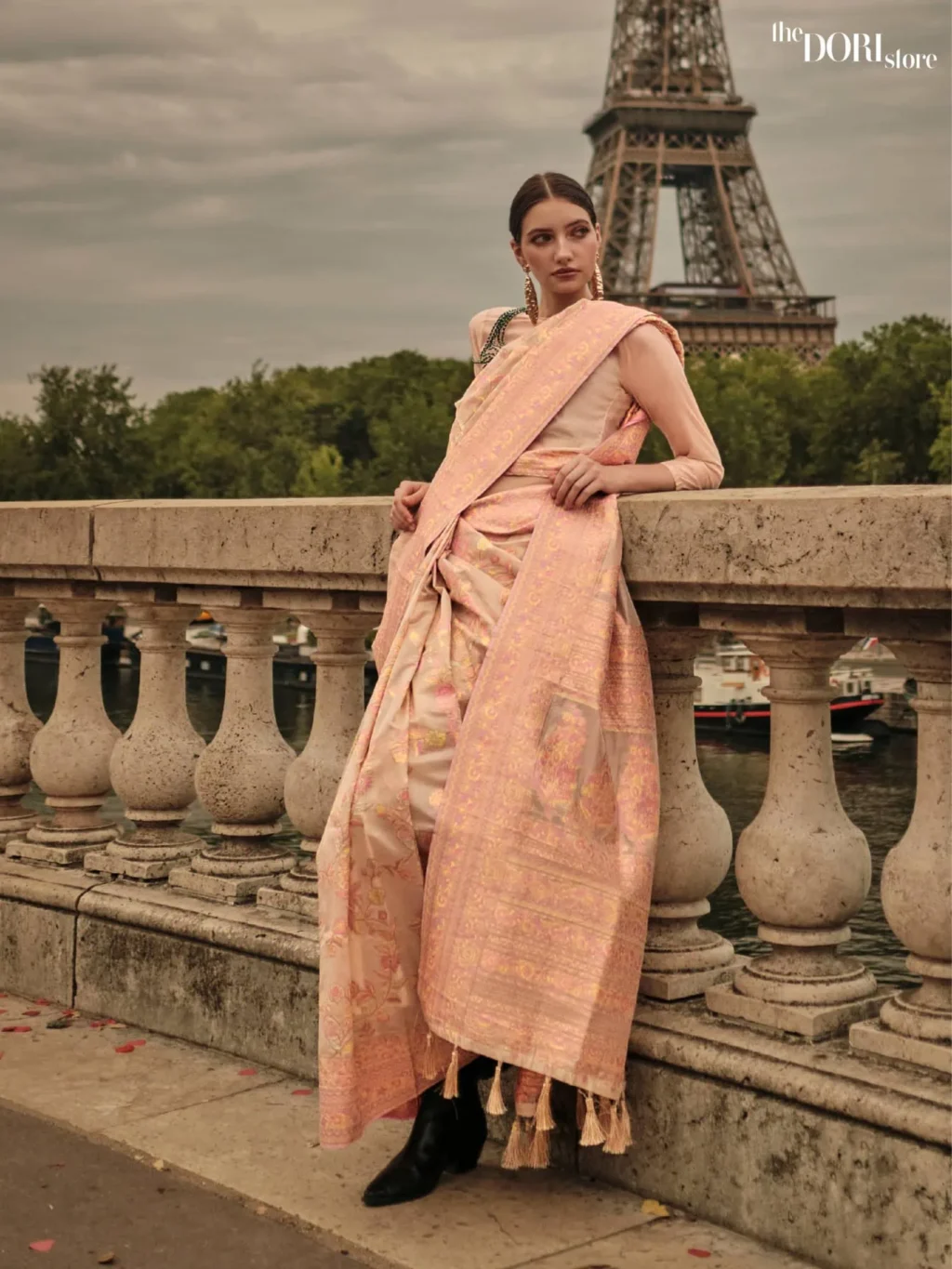 Peach Pink Kashmiri Woven Organza Silk Saree - party wear saree