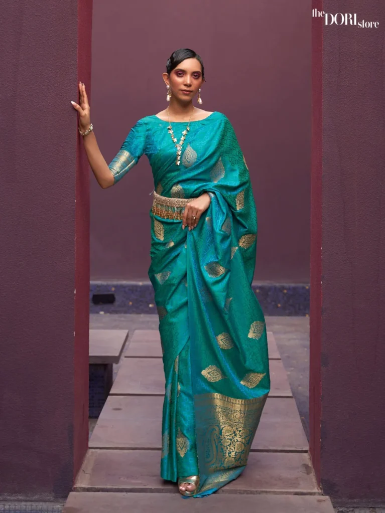 Teal Blue Luxe Satin Silk  Banarasi Saree - party wear saree