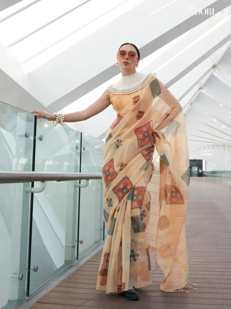 Ethnic Cream Printed Handloom Linen saree Saree - party wear saree
