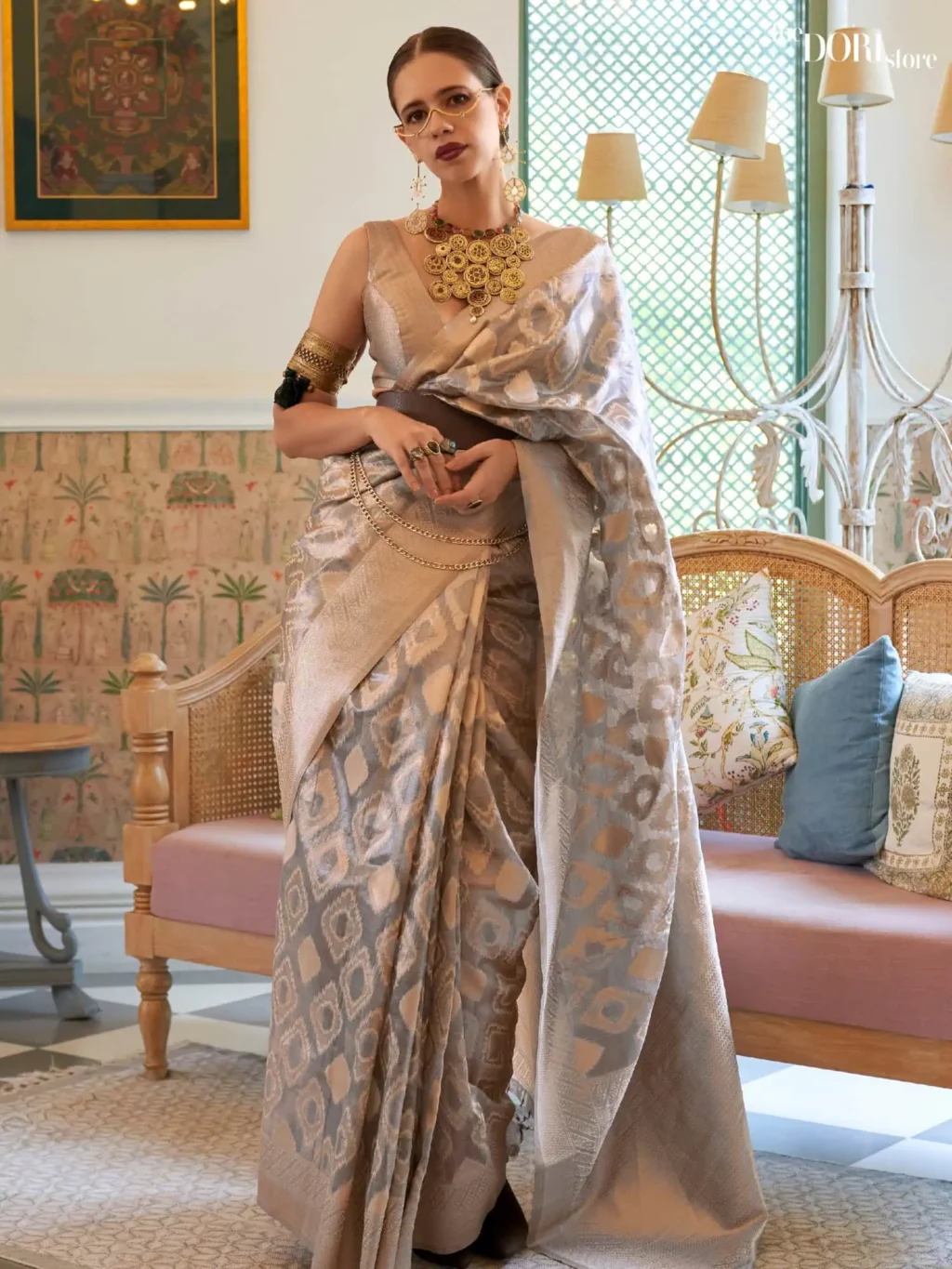 Partywear Grey Tissue Woven Silk Saree - party wear saree
