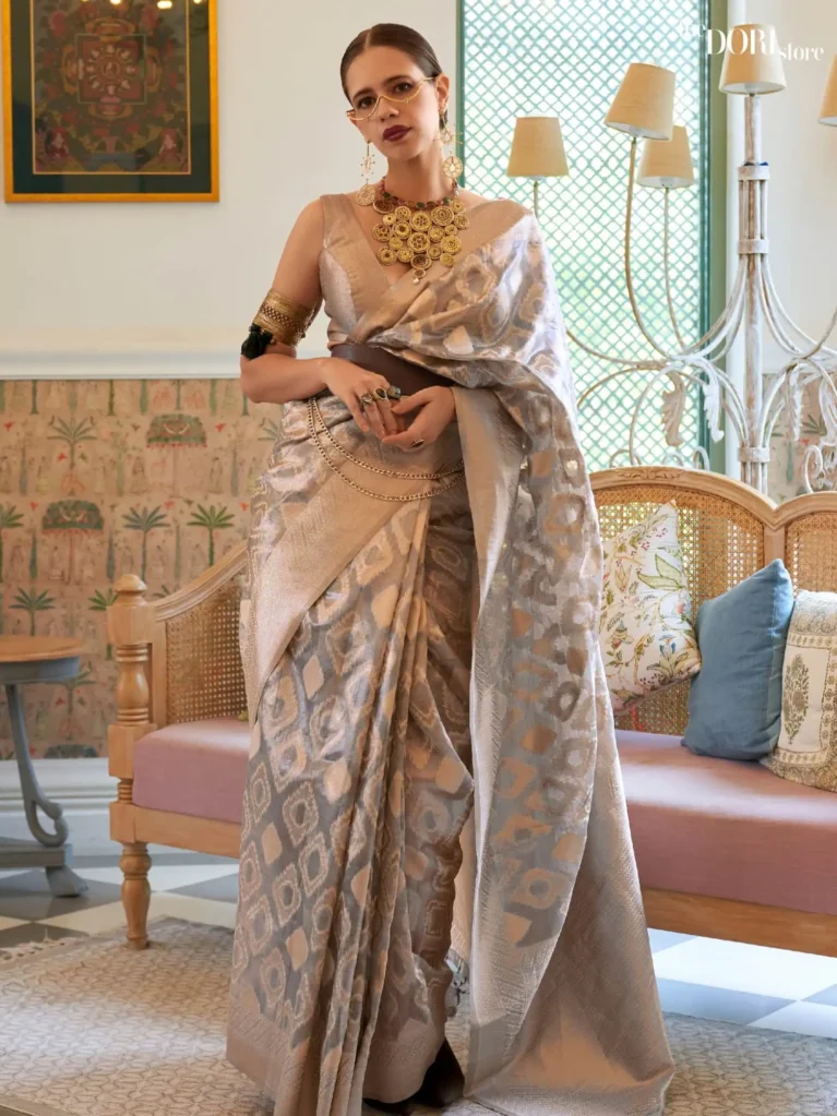 Partywear Grey Tissue Woven Silk Saree - party wear saree