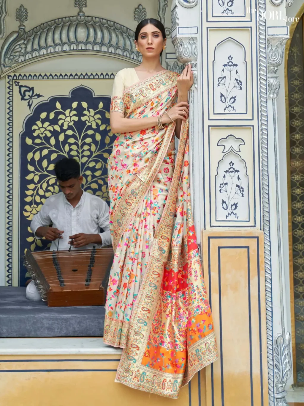 Cream Carnivale Elegant Kashmiri Woven Silk Saree - party wear saree