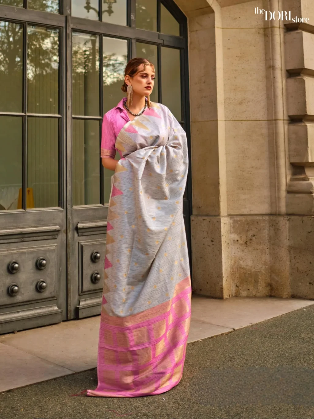 Ethnic Grey Handloom Khadi Silk Saree with Contrast Blouse  - party wear saree