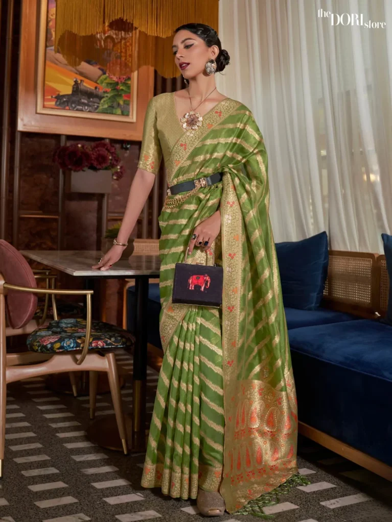 Ethnic Light Green Woven Organza Silk Saree - party wear saree