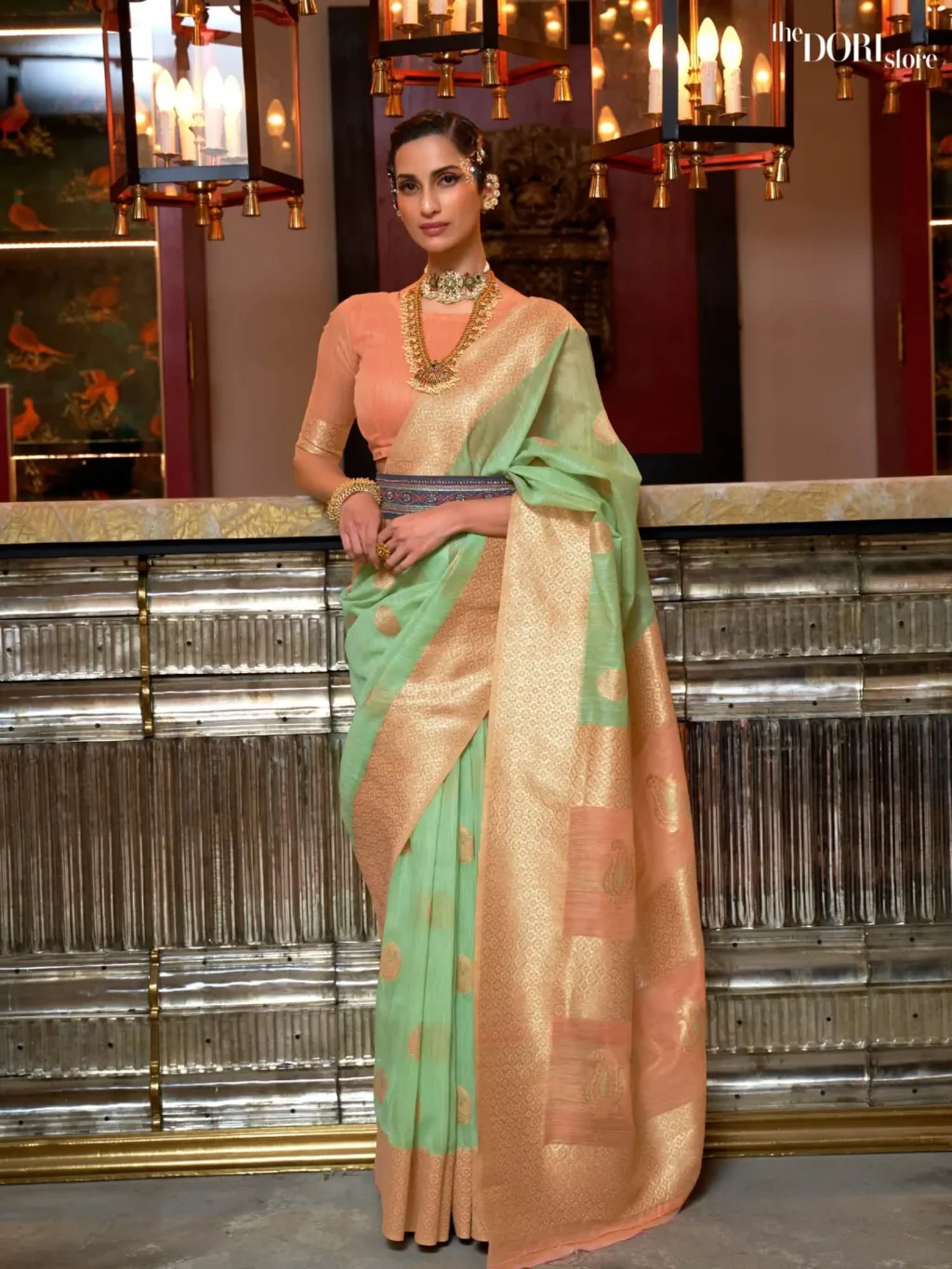 Orange Light Green Pure Linen Woven Designer Saree - party wear saree