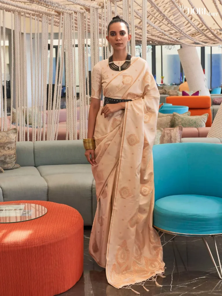 Ethnic Cream Pure Satin Copper Zari Weaving Saree - party wear saree