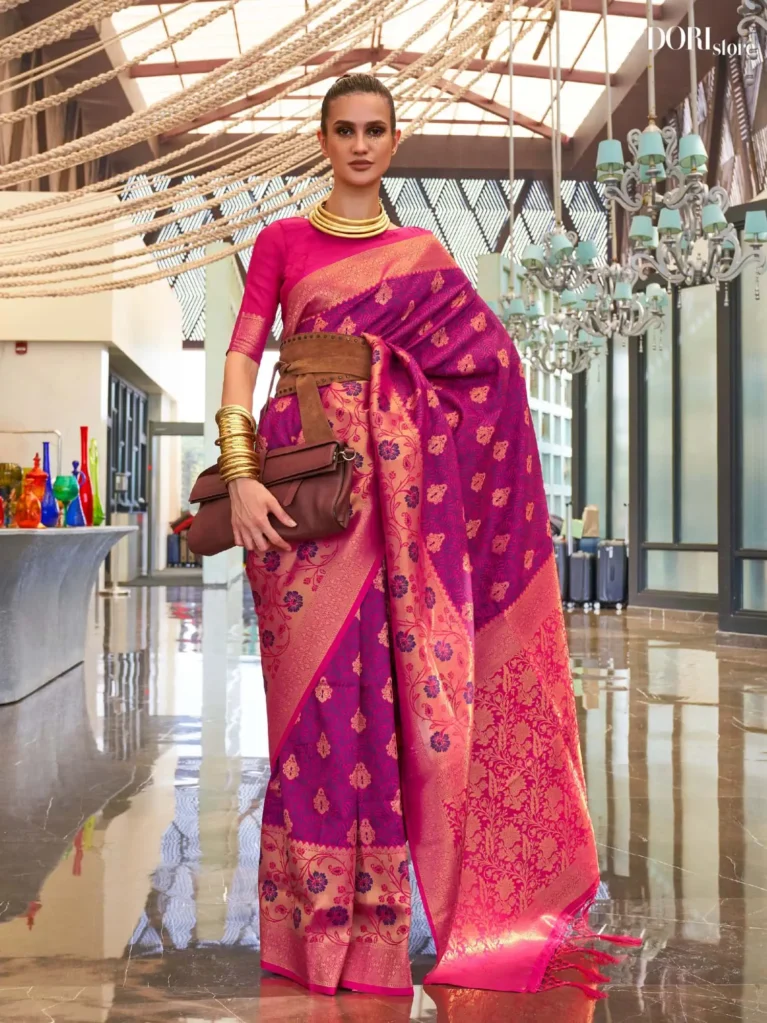 Pinkish Purple Contrast Handloom Banarasi Silk Saree - party wear saree