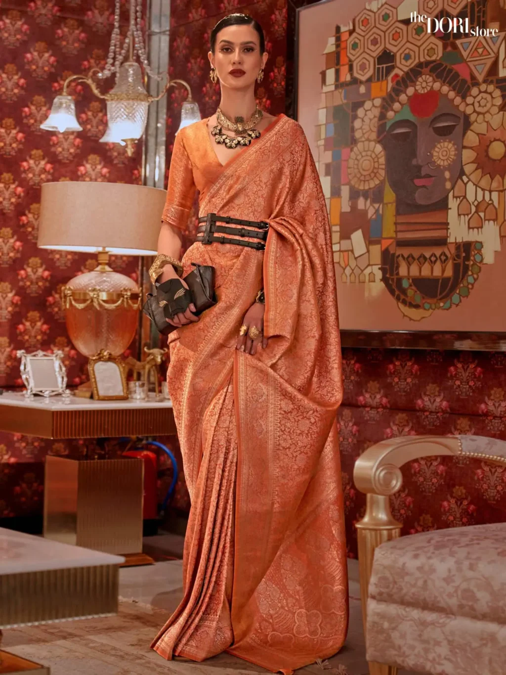 Fiery Orange Dual Tone Zari Handloom Woven Silk Saree - party wear saree